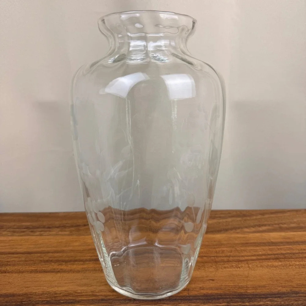 Vintage Hand Blown Optic Glass Vase Etched Floral Scalloped Rim Clear 8 inch